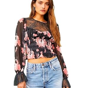 Free People Daphne Lace Floral Crop Blouse Black Pink Smocked Top XS